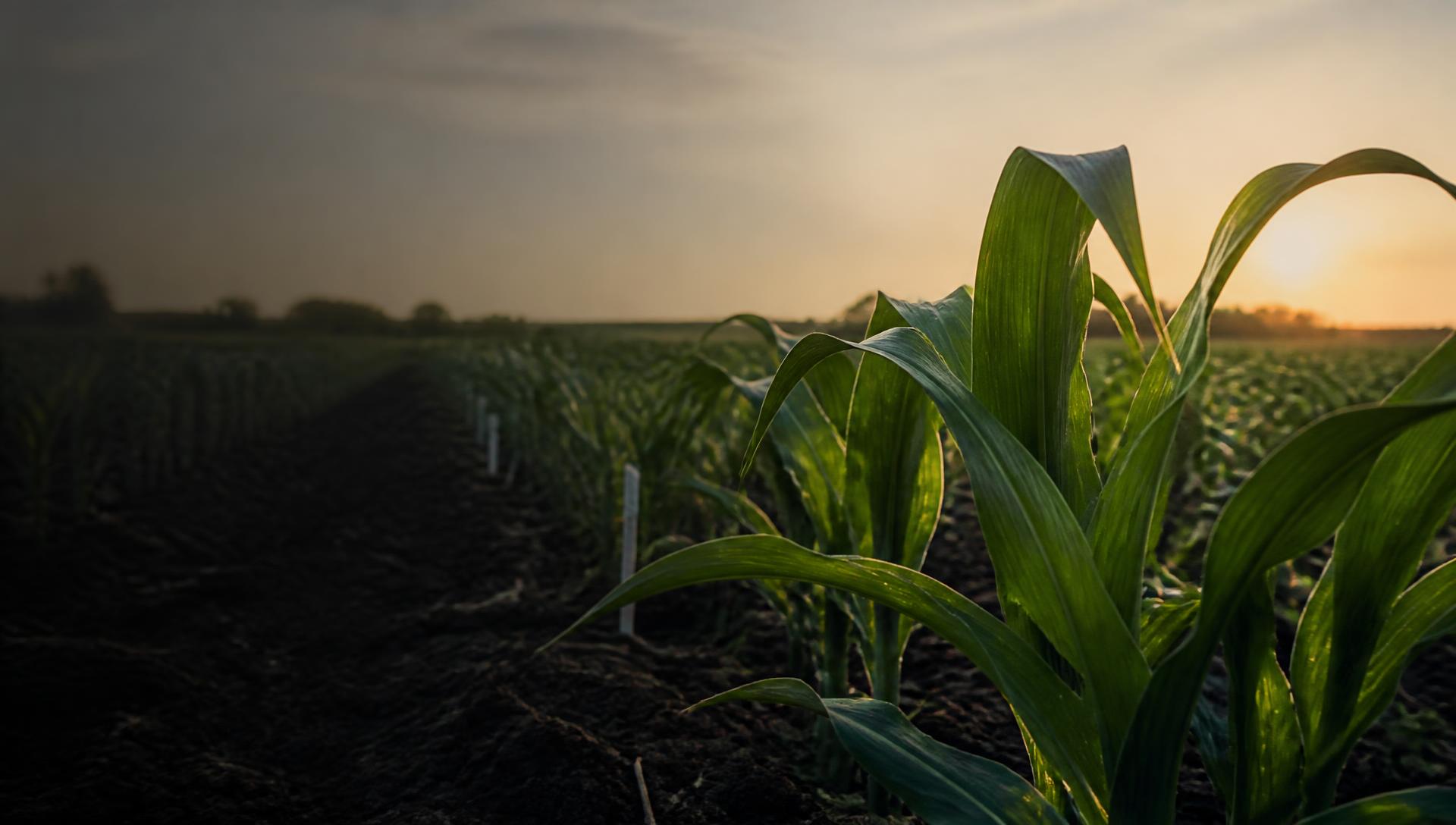 Young maize plants in a research field at dawn